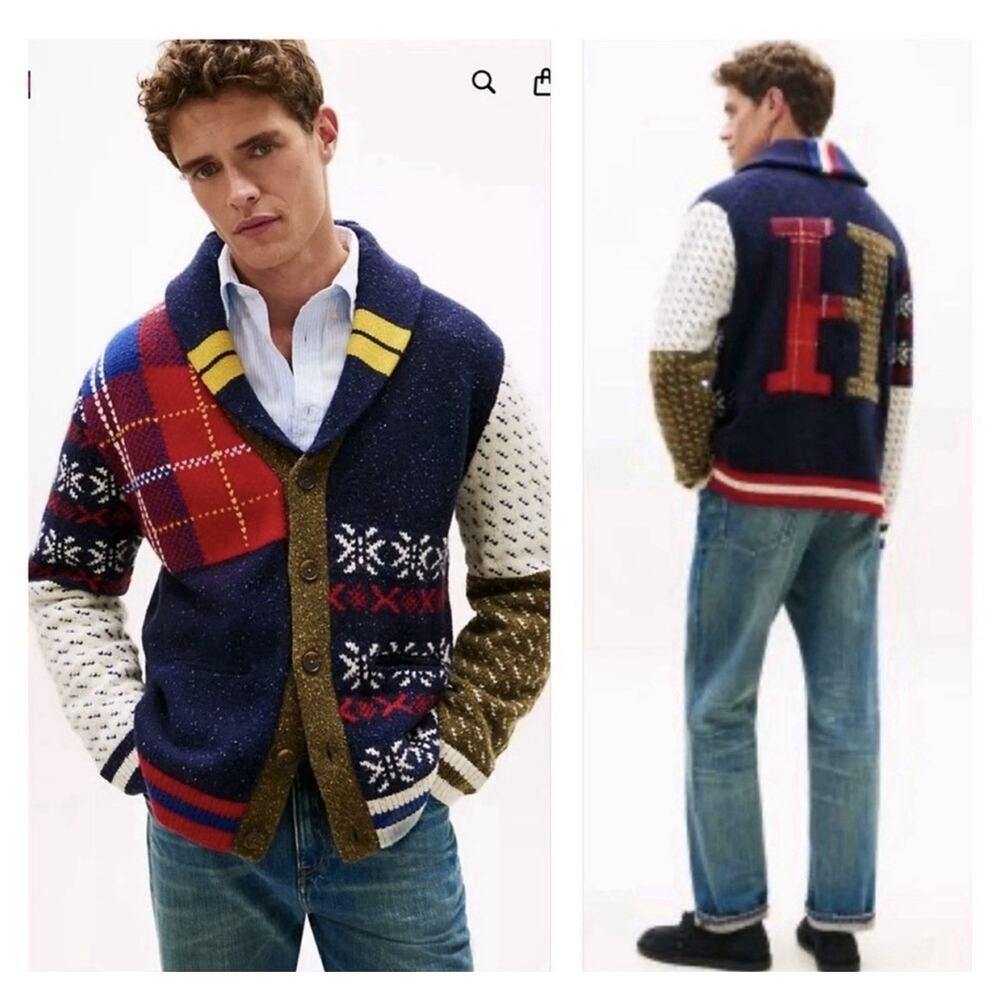 NEW Tommy Hilfiger Colorful Patchwork Archive Varsity Mix Wool-Blend Cardigan